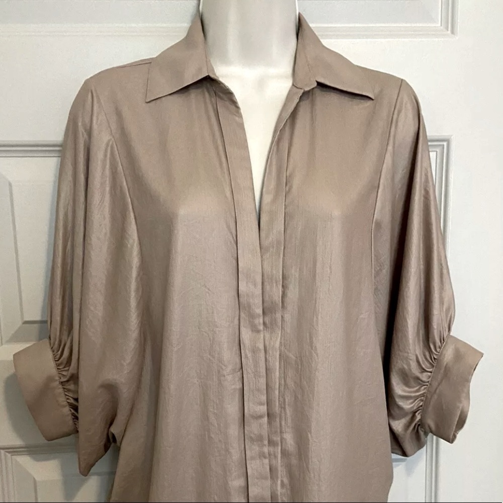 BCBG Maxazria khaki Balloon Sleeve Polyester Blouse Button Down top